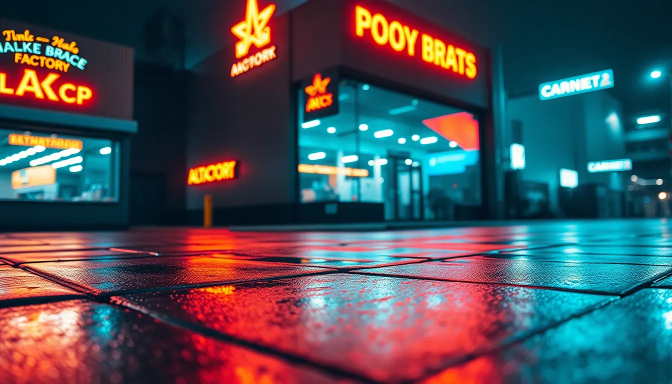 The image presents a stunning urban industrial scene at night, featuring a factory's glass facade illuminated by vibrant neon reflections. The selective focus draws attention to the building while creating a beautiful bokeh effect around it, enhancing the urban mood. The cinematic color grading adds a contemporary feel, while the Dutch angle introduces a sense of movement and excitement in the city.