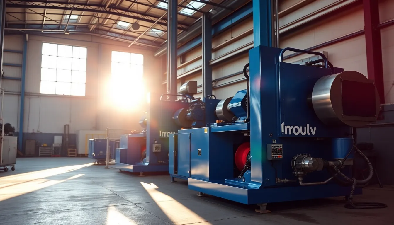 This image features state-of-the-art machinery in a bright production facility, bathed in the warm morning light. The vibrant colors highlight the advanced technology and precision engineering, while sharp contrasts emphasize the sleek metallic surfaces. The composition draws the eye across the busy environment, reflecting the dynamism and efficiency of modern manufacturing processes.