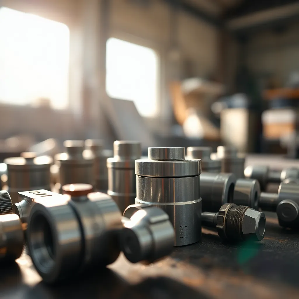 A close-up photograph captures the intricate details of metallic components resting on a wood workbench. Natural sunlight filters through the window, creating a warm atmosphere. The shallow depth of field allows the viewer to focus on the textures and craftsmanship of the components while the blurred background adds a sense of depth. This image perfectly conveys the precision and artistry involved in manufacturing.