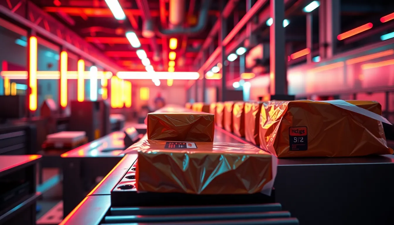 This dynamic image captures the fast-paced world of product packaging in a modern manufacturing facility. The vibrant neon lighting adds an edgy feel, while the selective focus highlights a product being carefully packaged. Utilizing a Dutch angle composition, the scene conveys energy and movement. The saturated colors amplified by Velvia-inspired grading enhance the glossiness of packaging materials, underscoring innovation and efficiency in the manufacturing process.