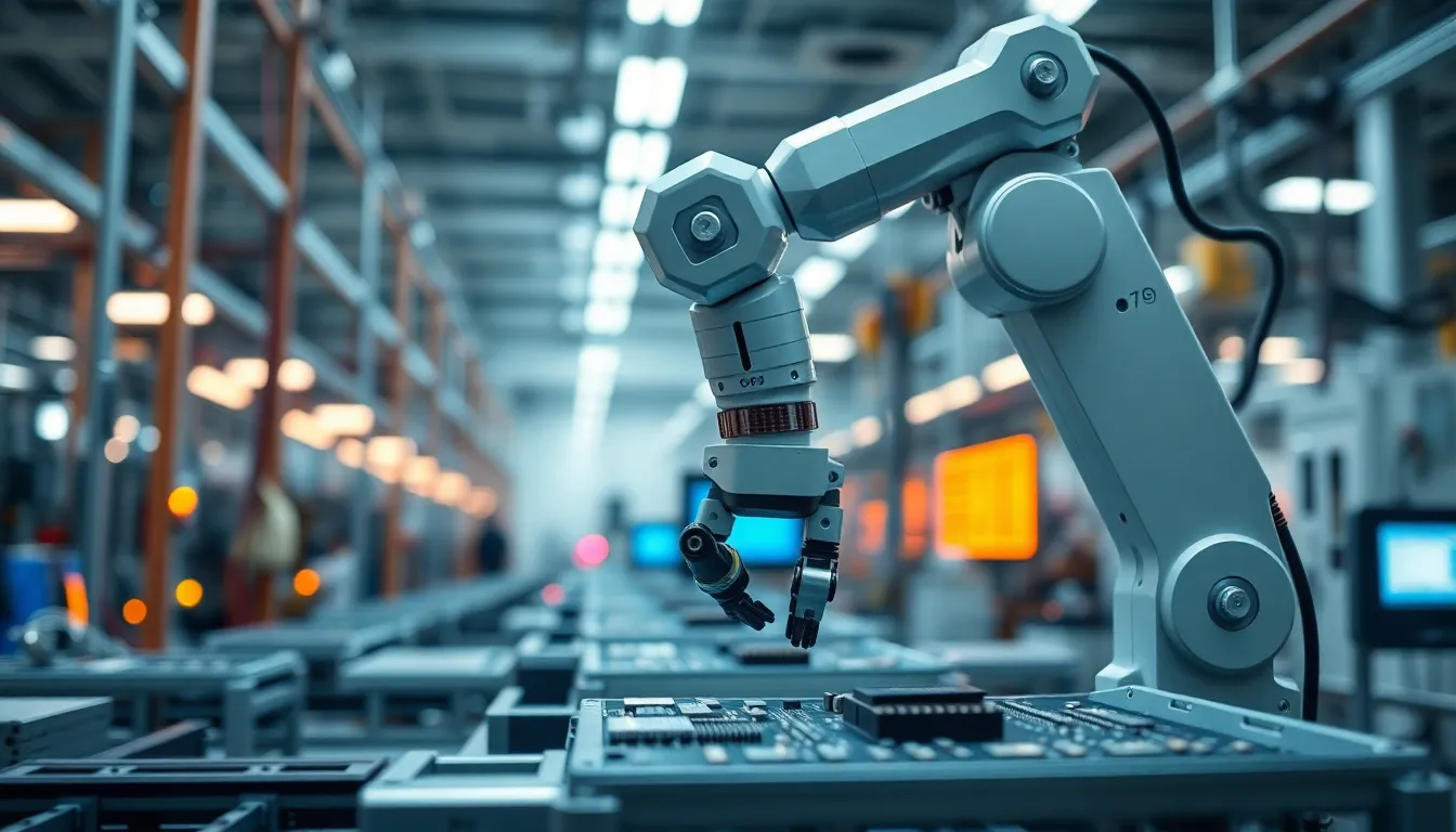 Industrial Robot Arm in High-Tech Assembly Line