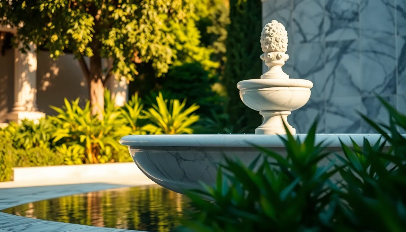 This captivating image presents an elegant marble fountain nestled in a lush garden, bathed in warm afternoon sunlight. The contrasting colors of the cool-toned marble and vibrant green foliage create a harmonious atmosphere. The sharp focus highlights the intricate details of the fountain, inviting viewers to appreciate its artistry. Perfect for garden design or architecture projects.