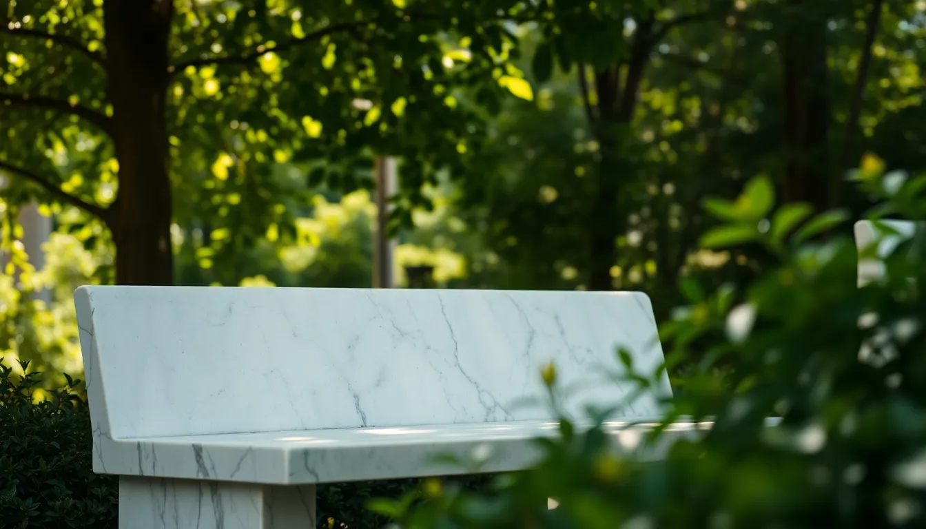 This image captures a serene marble garden bench nestled among lush greenery. Dappled sunlight filters through the leaves, creating a peaceful and inviting environment. The soft focus on the background emphasizes the bench's exquisite texture and weathered beauty. Ideal for outdoor decor and landscape design themes, this image evokes a sense of tranquility and harmony with nature.