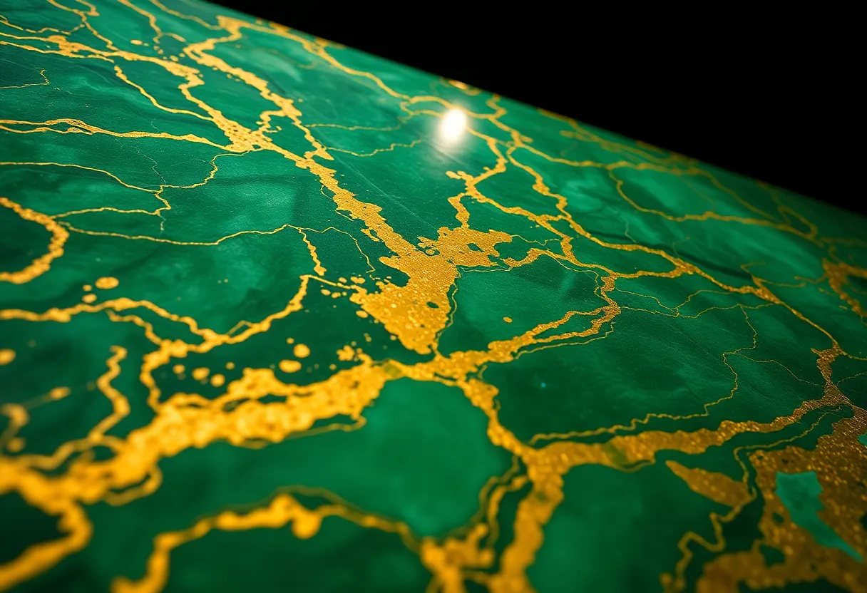 This image presents a stunning green marble slab showcasing deep emerald hues interlaced with gold veins. The dramatic studio lighting enhances the richness of the colors, creating an opulent mood. Captured with precision, the hyperfocal depth ensures every detail is sharp, revealing the marble's unique characteristics. Perfect for luxury interior design applications, this photograph captures the beauty and allure of natural stone.