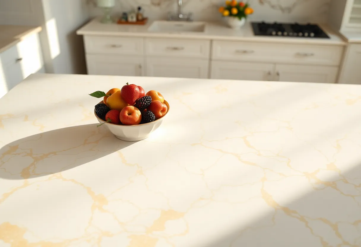 This elegant image depicts a high-angle view of a luxurious marble countertop adorned with a bowl of fresh fruits. The natural morning light enhances the glossy surface, showcasing the intricate patterns within the marble. The vibrant fruits add a pop of color against the creamy marble, creating a fresh and inviting atmosphere. Perfect for culinary or interior design projects.