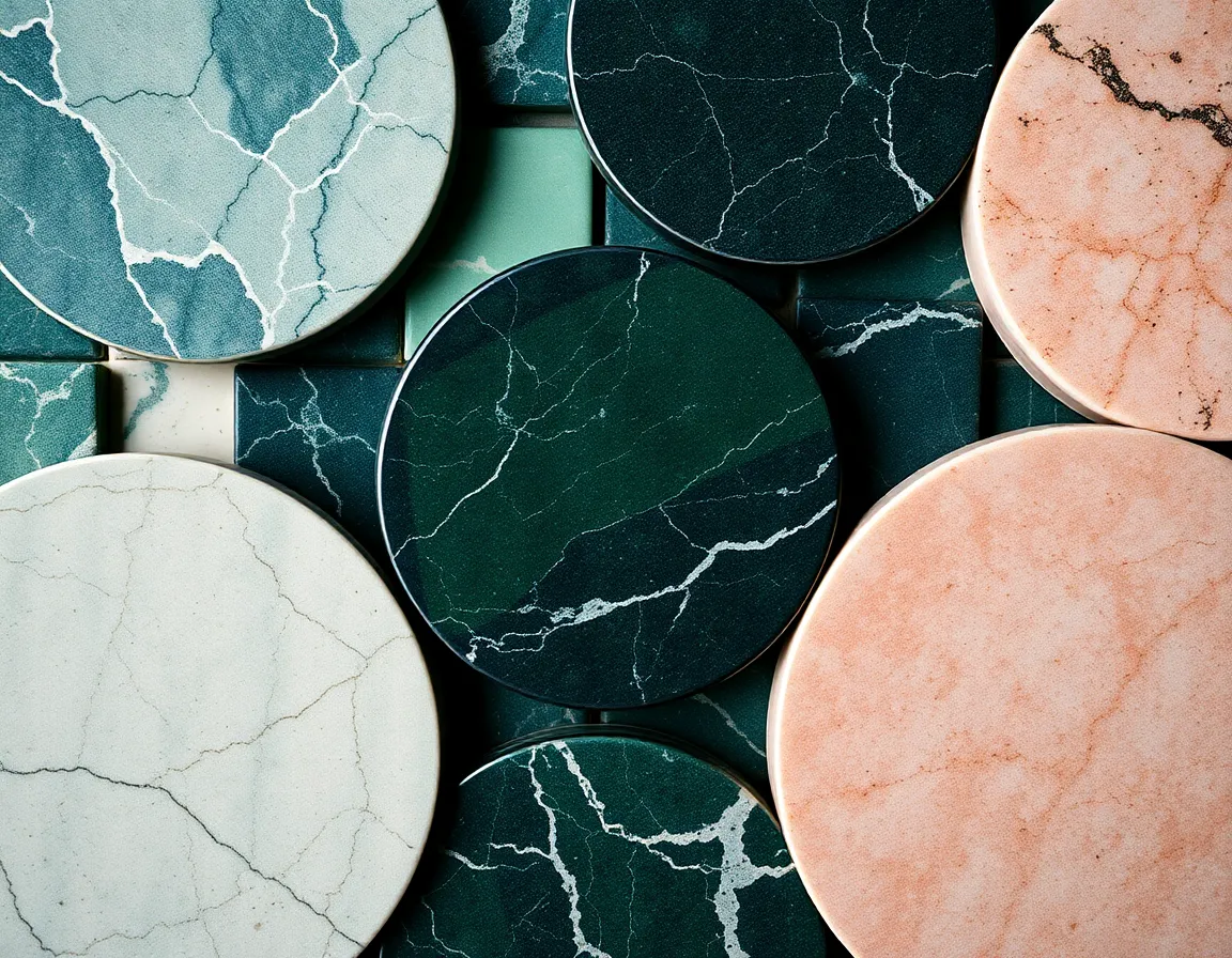 This artistic image features a stunning arrangement of colorful marble tiles, showcasing the unique textures and patterns of each piece. The soft studio lighting enhances the vivid colors, creating a warm and inviting mood. The shallow depth of field draws attention to the intricate details, while the centered composition ensures a balanced aesthetic. Ideal for interior design or flooring inspiration.