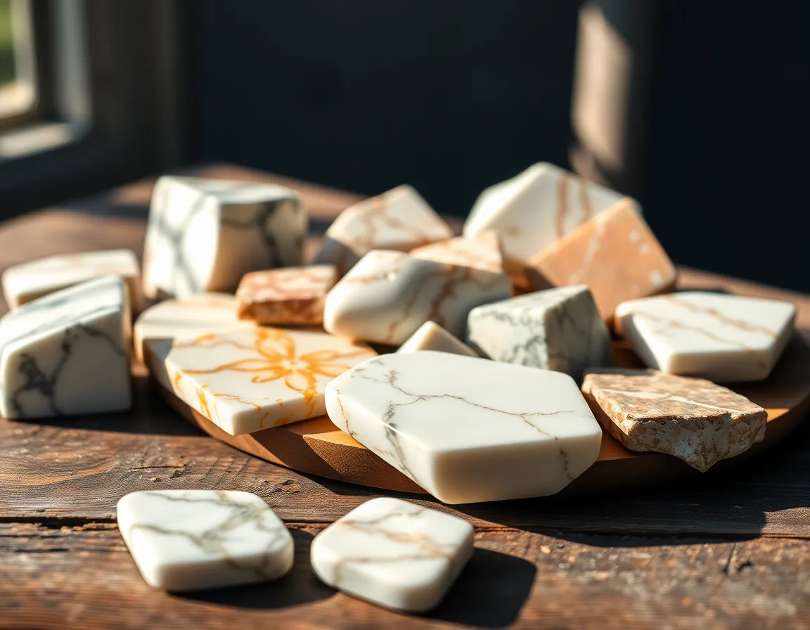 This image features an elegant arrangement of varied marble textures displayed on a weathered wooden surface. Soft morning light highlights the intricate patterns of each marble piece while casting gentle shadows. The shallow depth of field adds a dreamy quality, blurring the background while keeping the textures crisp. The earthy wooden tones contrast beautifully with the cool marbles, creating a harmonious and inviting aesthetic, perfect for interior design inspirations.