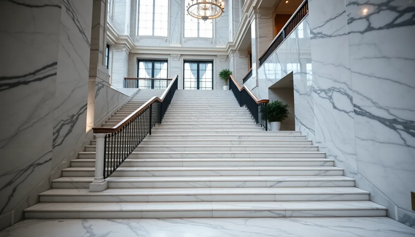 Grand Marble Staircase in Elegant Building This stunning image showcases a grand marble staircase in an opulent setting, illuminated by soft overcast daylight. The smooth texture of the marble is accentuated, creating an atmosphere of elegance and luxury. Leading lines guide the viewer up the staircase, while a gentle bokeh in the background adds depth. This image is perfect for architectural and real estate projects, emphasizing the beauty of marble in design.