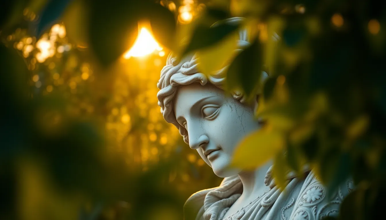 This captivating image depicts a vintage marble statue embraced by lush greenery, beautifully illuminated by warm golden hour light. The soft glow accentuates the delicate carvings and textures of the marble, inviting admiration. With a shallow depth of field and blurred foliage, the scene evokes a serene and timeless mood, perfect for nature and art themes. The warm earthy tones enhance the nostalgic atmosphere, highlighting the statue's enduring elegance amidst nature.