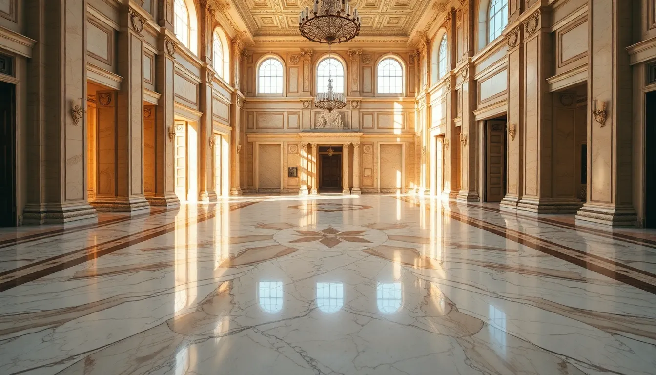 This image captures the breathtaking beauty of a marble floor in a grand hall, illuminated by soft daylight filtering through massive windows. The intricate veining of the cream and beige marble creates a sense of elegance and luxury. With every detail sharply in focus, the image invites viewers to appreciate the architectural beauty of the space. This ideal representation of classic design is perfect for showcasing luxurious interiors and architectural details.