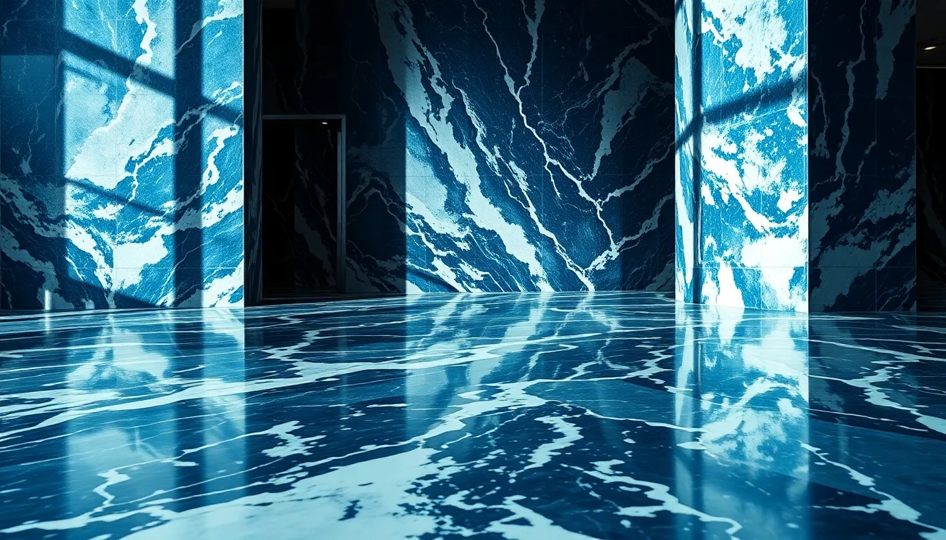 Modern Marble Flooring Close-Up This close-up shot captures a stunning modern marble flooring installation, where the intricate veining patterns create a striking visual effect. Bright indoor lighting enhances the vibrant colors within the stone, showcasing deep blues contrasted against soft whites. The carefully composed framing allows the eye to follow the dynamic lines of the marble, making it an excellent representation of contemporary design. The attention to detail emphasizes both the craftsmanship and the beauty of this natural material.
