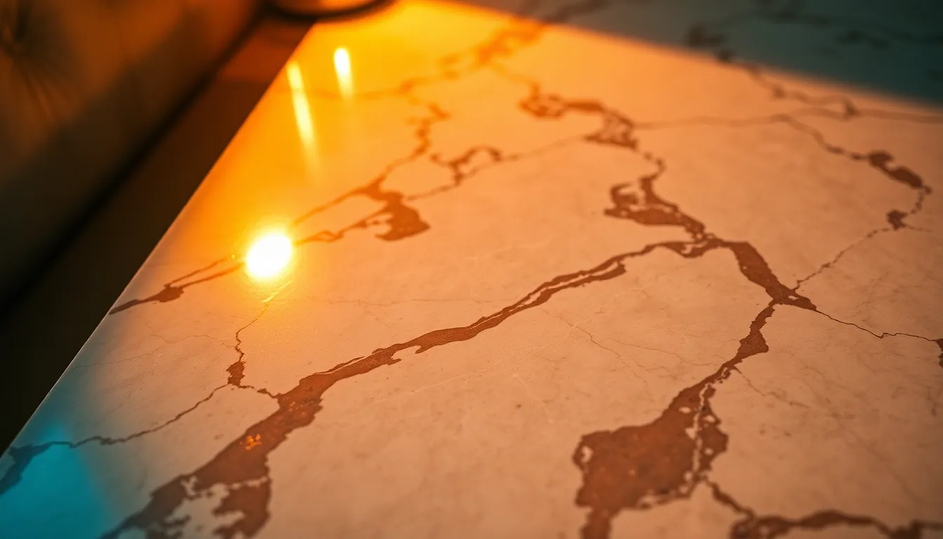 Warm Marble Texture with Tungsten Lighting This striking image captures the rich texture of a marble surface illuminated by warm tungsten light. The soft focus draws attention to the unique swirls and patterns inherent in the stone, accentuating its natural beauty. The warm color palette creates a cozy atmosphere, making this image suitable for interior design or thematic decor. Shadows play a vital role in adding depth, ensuring a three-dimensional feel.