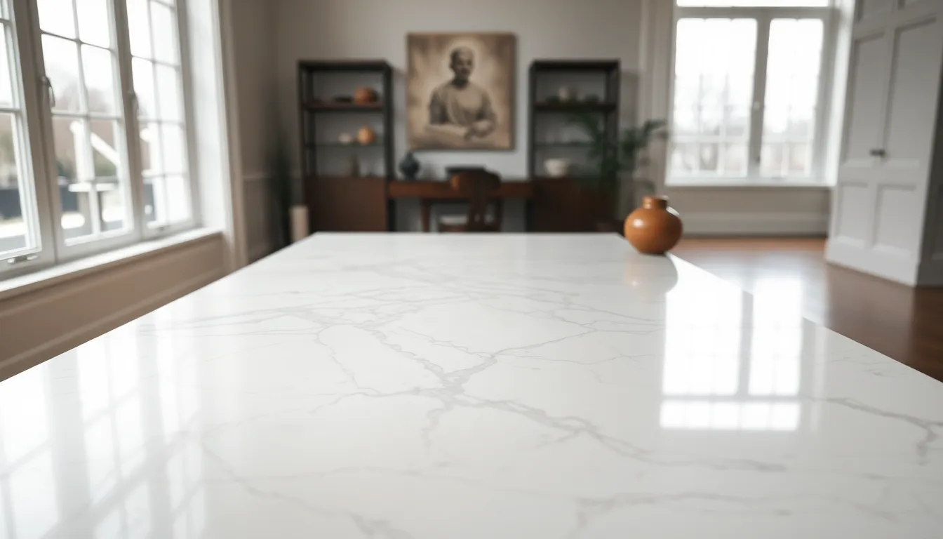 This photorealistic image features a smooth white marble slab under soft, diffused daylight. The intricate veining and textures of the marble create a sophisticated atmosphere. The polished surface reflects soft shadows from nearby objects, adding depth to the composition. Muted colors emphasize the elegance and simplicity of the marble's natural beauty.