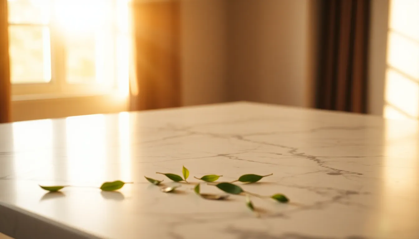Elegant White Marble Surface with Green Leaves This image features a polished white marble surface adorned with delicate green leaves, creating a refreshing and natural composition. The warm golden hour light casts soft highlights, enhancing the intricate veining of the marble. The balance between the smooth marble and rustic wooden table creates an inviting atmosphere, perfect for design and lifestyle themes. The shallow depth of field adds a dreamy quality to the scene.