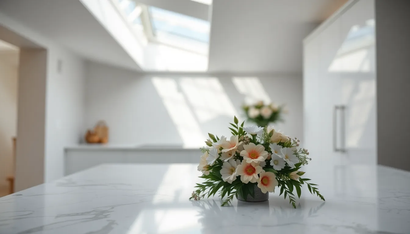 This image features a pristine white marble countertop accented by delicate floral arrangements. Natural light filters through a skylight, creating a soft and inviting atmosphere. The polished surface of the marble captures subtle reflections, highlighting its elegant veins in muted greys and whites. The composition is carefully arranged to evoke a sense of luxury and tranquility, making it perfect for interior design applications.