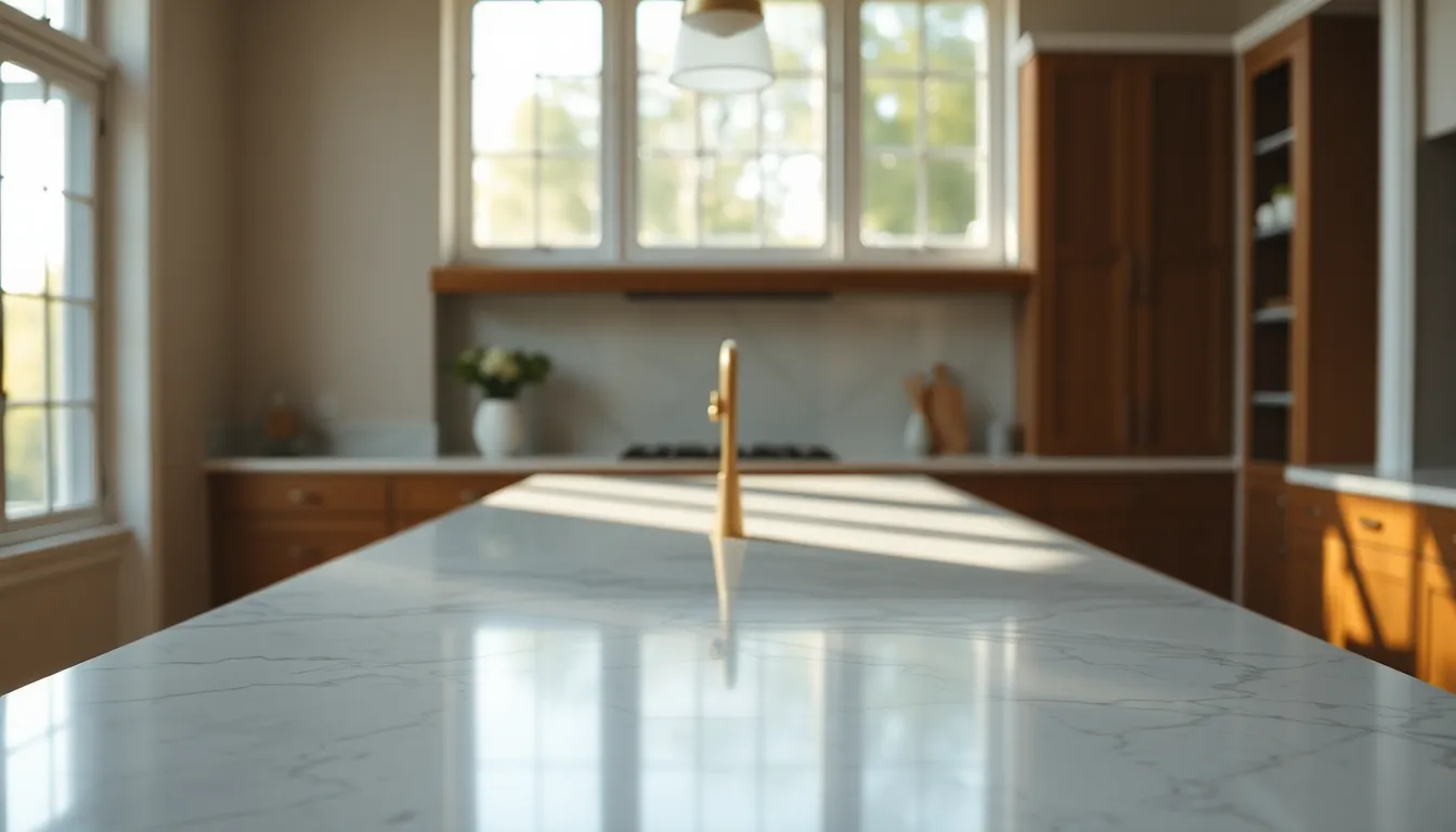 This image features a polished white marble countertop with beautiful grey veining, captured in soft natural lighting that highlights its intricate surface textures. The shallow depth of field draws attention to the stone's luxurious qualities, creating a serene yet sophisticated mood. The warm neutral tones complement the marble's elegance, making it ideal for interior design and luxury decor themes.