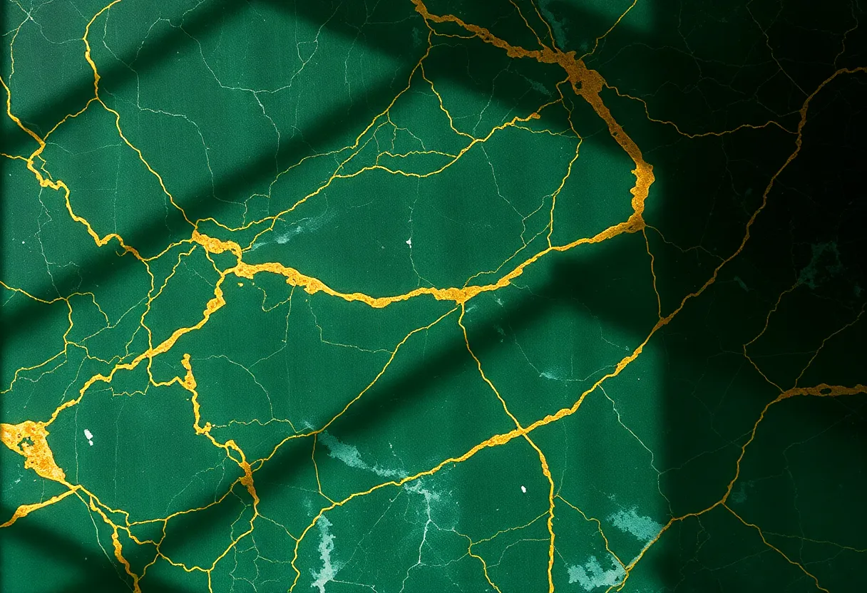 Dark Green Marble Slab with Gold Veins This captivating image presents a dark green marble slab featuring stunning gold veins, artfully highlighted by dramatic Rembrandt lighting. The rich textures and colors of the stone evoke a sense of luxury and elegance. The soft bokeh in the background ensures the viewer's attention is captured by the intricate details of the marble pattern. Ideal for use in high-end interior design projects or product displays.