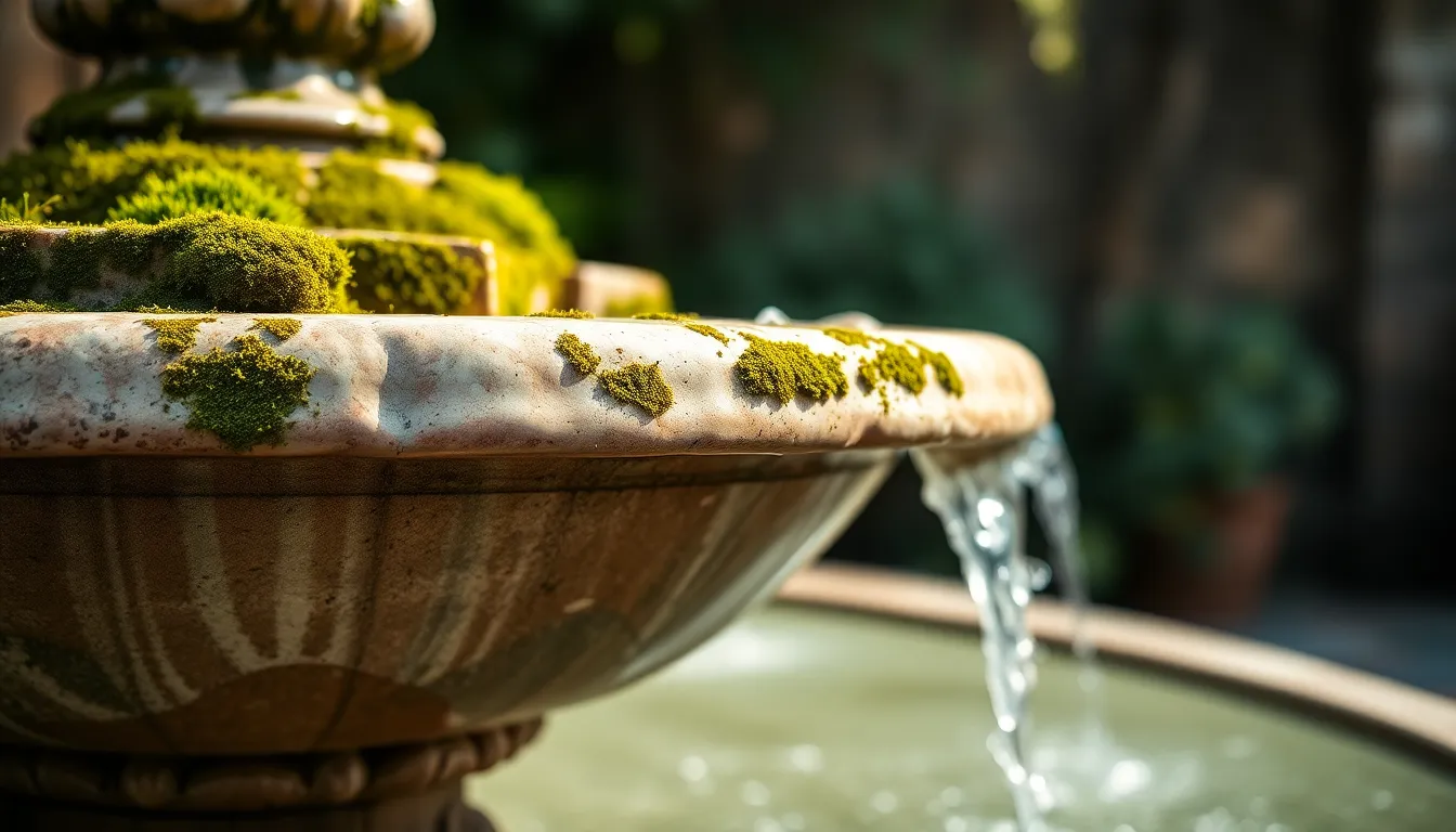 This captivating image captures the beauty of a rustic marble fountain, adorned with vibrant green moss. The soft daylight highlights the earthy tones of the marble and the delicate textures of the moss. The shallow depth of field creates a dreamy background, allowing the viewer to appreciate the intricate details of the fountain while enjoying its serene atmosphere.