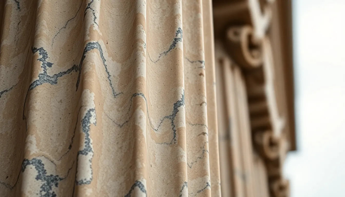 This stunning close-up image focuses on the rich texture of a weathered marble column, revealing its intricate details and natural patina. Illuminated by soft, diffused daylight, the column's muted earth tones and gray shades blend harmoniously, enhancing its timeless beauty. The macro perspective captures every nuance, drawing attention to the vertical lines and elegant craftsmanship. Perfect for architectural and historical themes, this image highlights the character and durability of marble through the ages.