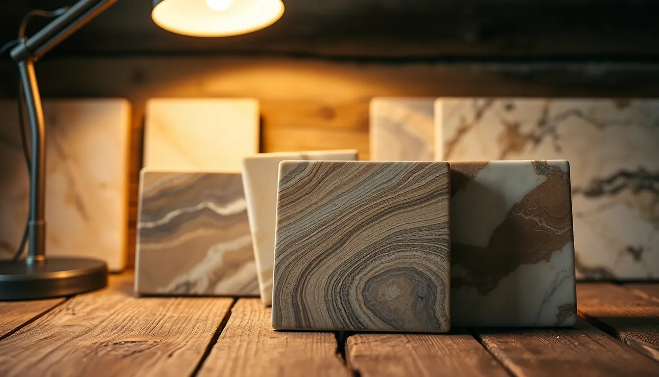This captivating image displays an assortment of marble samples resting on a rustic wooden table. Soft lighting from a warm tungsten lamp highlights the unique patterns and colors of the marble, ranging from creamy whites to deep grays. The selective focus draws attention to the striking details of the marble in the foreground, while the warm earthy tones enhance the inviting ambiance of the setting. Ideal for design and material showcases, this image beautifully merges luxury with rustic charm.
