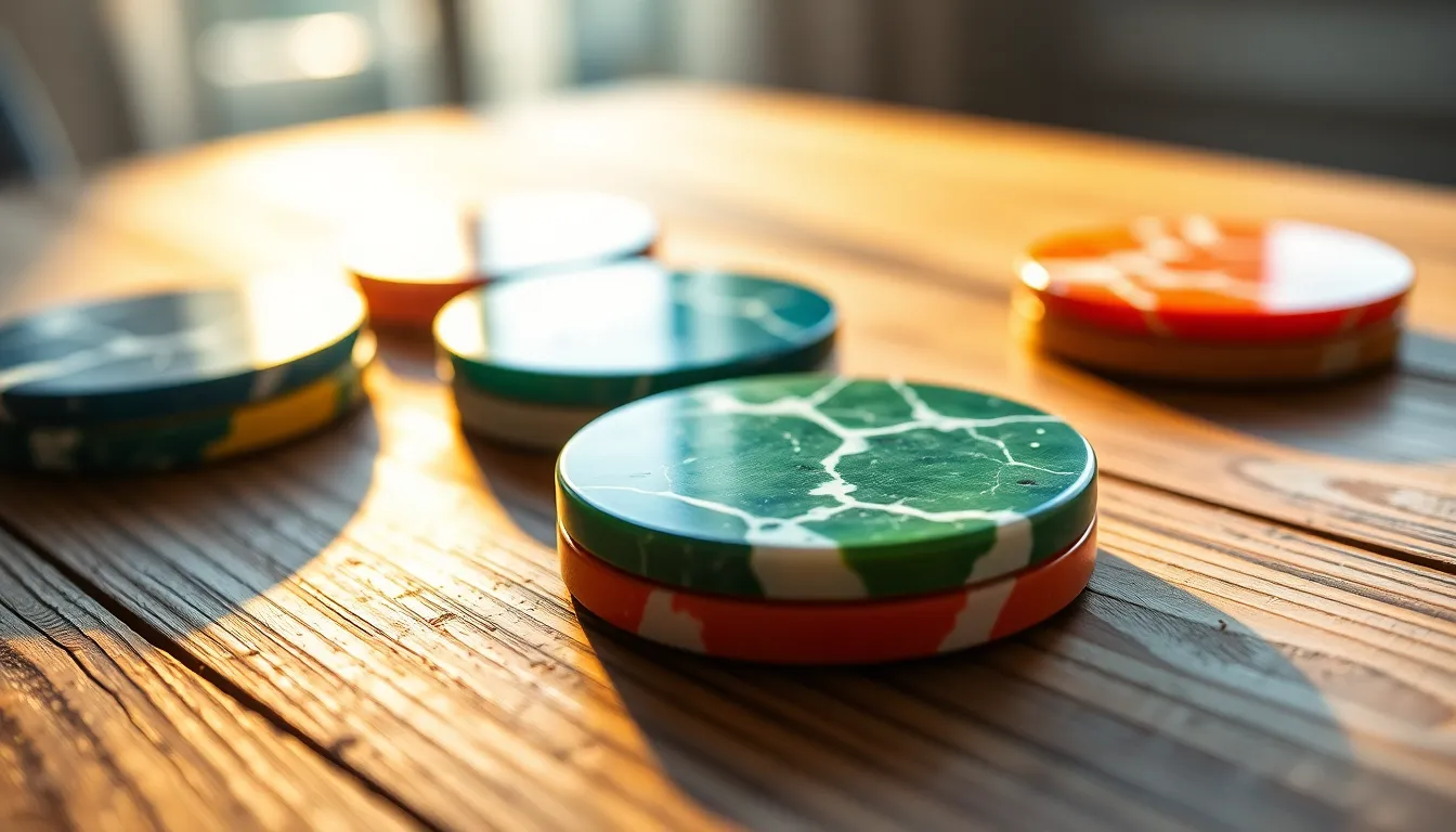 This vibrant close-up showcases a set of colorful marble coasters artfully arranged on a rustic wooden table. Warm, natural light enhances the richness of the coasters' hues, creating an inviting atmosphere. The shallow depth of field blurs the background, drawing the viewer's attention to the smooth marble textures. This image is perfect for lifestyle and home decor themes, capturing the beauty of everyday objects.