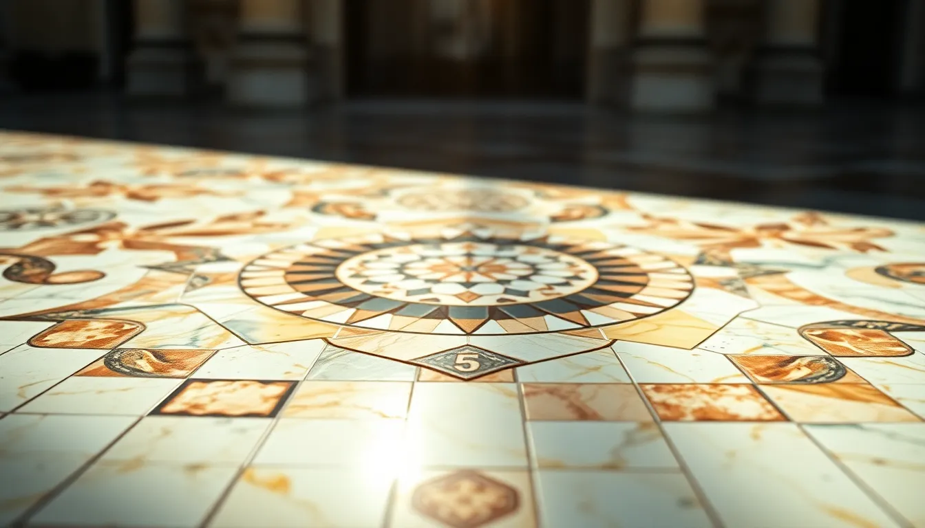 This close-up image depicts a vibrant marble mosaic with intricate geometric patterns, captured in soft diffused daylight that accentuates the glossy finishes of each tile. The macro perspective allows for detailed examination of the textures, while the dreamy bokeh enhances the artistic quality of the composition. This image is perfect for design inspirations and artistic references.