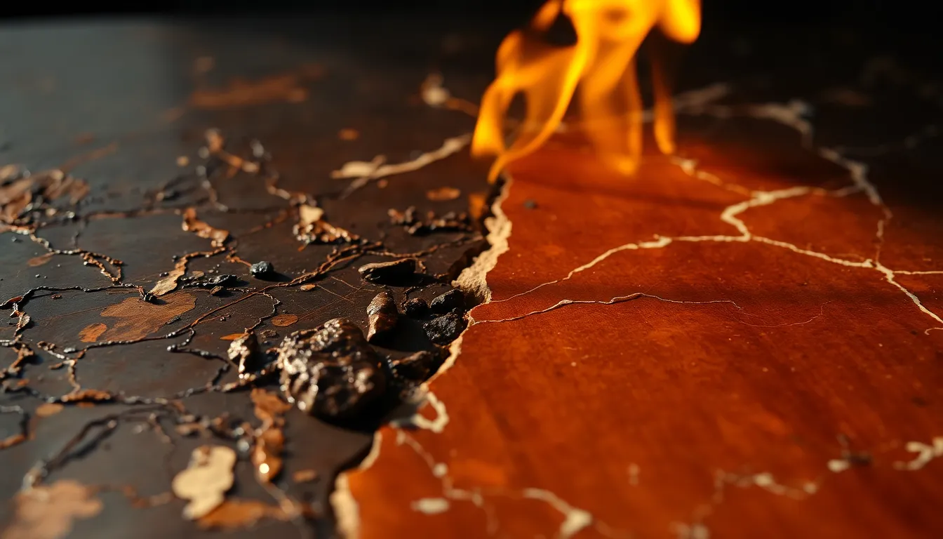 Contrasting Textures of Charred and Polished Marble This captivating image contrasts the textures of charred and polished marble under the warm glow of firelight. The flickering shadows create a dramatic ambiance, while the hyperfocal distance ensures every detail is in sharp focus. The warm browns and oranges enhance the depth of the textures, providing a rich visual experience. This artwork speaks to themes of transformation and contrasts in design, perfect for creative projects.