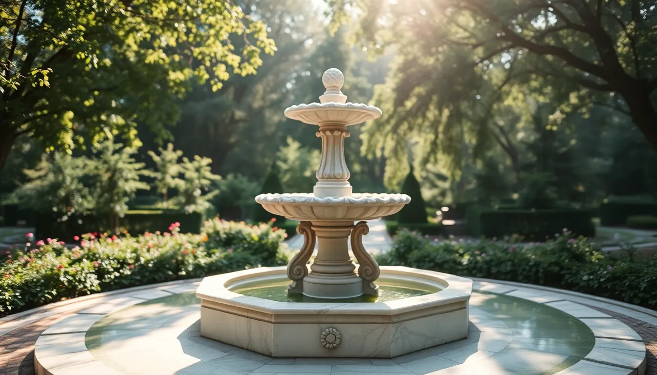 Ornate Marble Fountain in a Lush Garden The image captures an ornate marble fountain nestled in a vibrant garden, illuminated by dappled sunlight filtering through the tree canopy. The selective focus on the fountain highlights its intricate details, while the surrounding garden creates a soft bokeh that adds to the peaceful atmosphere. This composition beautifully illustrates the harmony between nature and fine craftsmanship, making it ideal for lifestyle and landscaping themes.