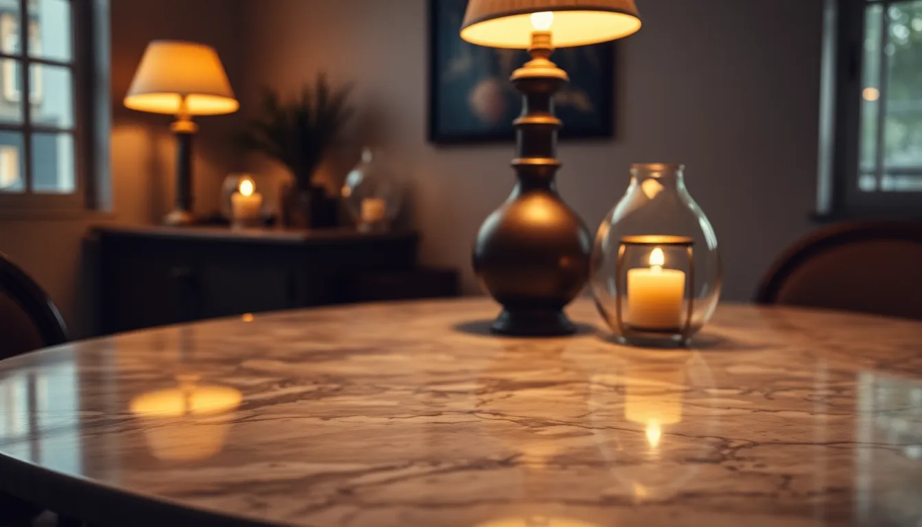 This image showcases a marble tabletop illuminated by warm tungsten light from a vintage lamp, creating an inviting and cozy ambiance. The earthy tones of the marble blend beautifully with decorative objects, emphasizing the stone's unique textures and intricate patterns. This composition is ideal for lifestyle and interior decor themes, conveying warmth and sophistication.