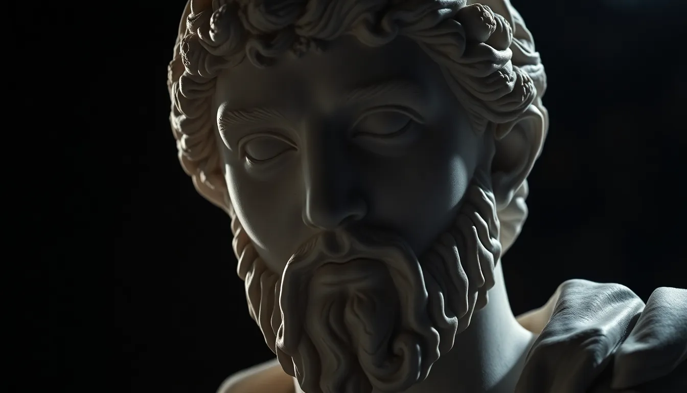 This image features a close-up of a magnificent marble sculpture representing a classical figure. The dramatic lighting accentuates the intricate details and textures, giving life to the stone. The background fades into shadows, drawing focus to the beautifully carved face. The deep hues of marble enhance the sculpture's elegance, making it a perfect fit for art and culture-related content.