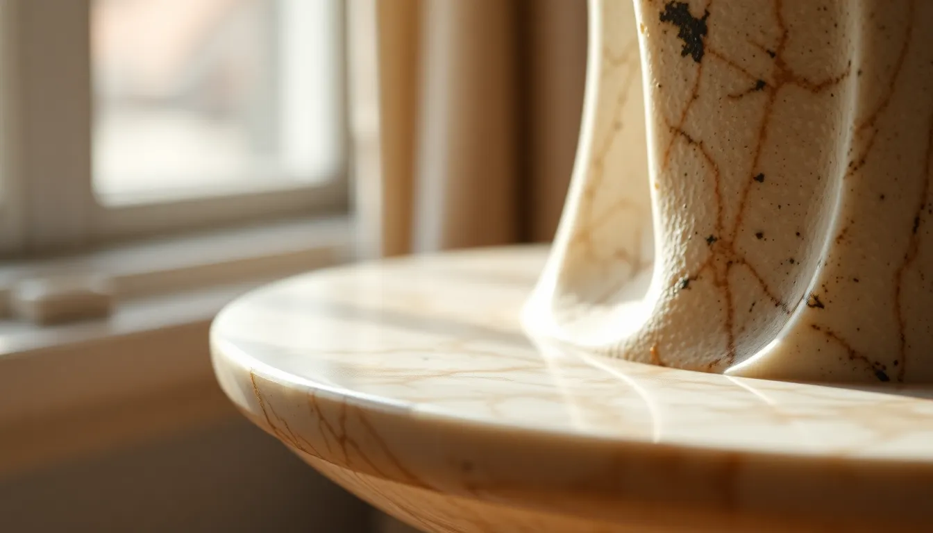 Handcrafted Marble Sculpture in Soft Light This image captures a close-up of a handcrafted marble sculpture, illuminated by soft diffused daylight. The macro focus highlights the exquisite carving details and the unique textural qualities of the marble, offering a tactile impression. The muted earthy color palette brings warmth to the scene, while the composition adheres to the rule of thirds, enhancing visual interest. Ideal for art showcases or galleries, this photograph embodies elegance and craftsmanship.