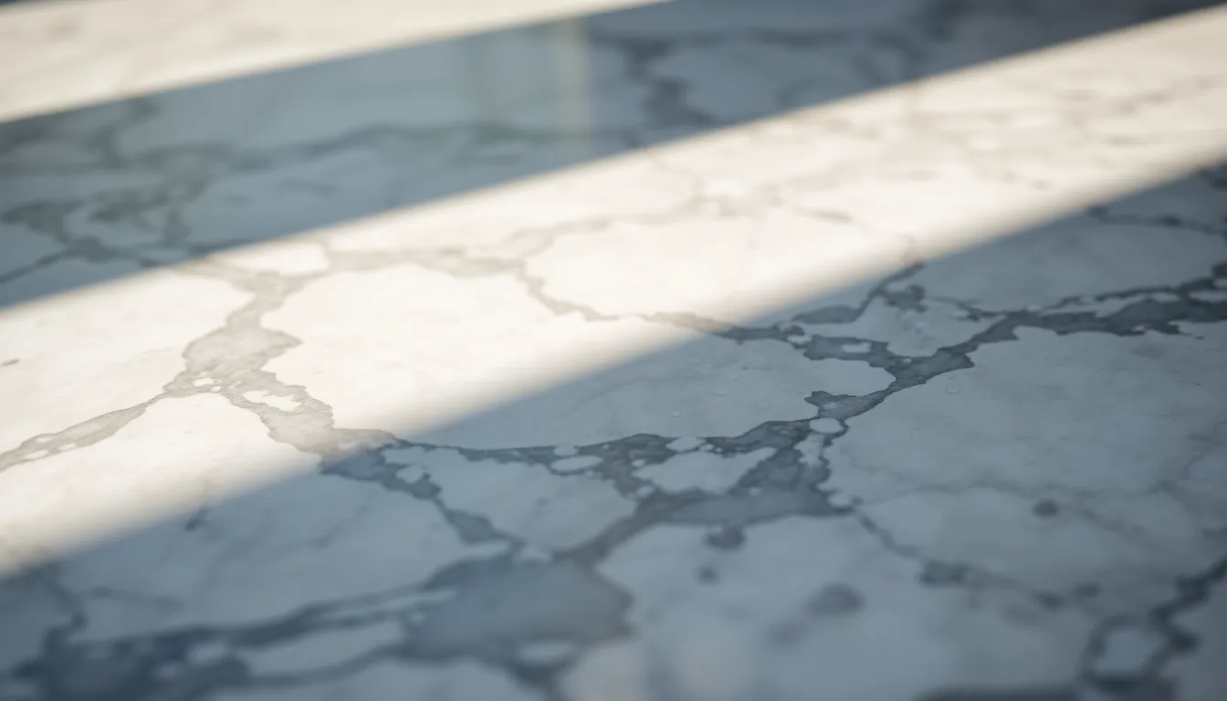 Water Droplets on Polished Marble Surface A stunning image of a polished marble surface, enhanced by delicate water droplets that add a fresh and invigorating touch. The natural sunlight illuminates the stone, bringing out its subtle greys and whites, while the hyperfocal distance ensures every detail is crisp and clear. Centered in composition, the scene elegantly showcases the smoothness of the marble, making it ideal for textures and design backgrounds. This photograph evokes a clean and refreshing aesthetic.