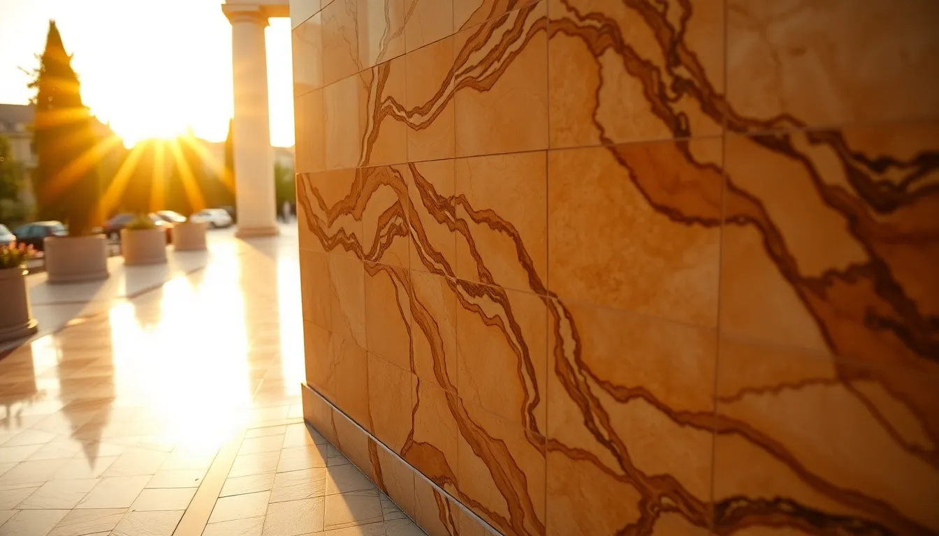 Richly Textured Marbled Wall at Golden Hour This captivating image showcases a marbled wall, richly textured and illuminated by the warm light of golden hour. The intricate patterns and colors of the stone come to life, enhanced by the saturation inspired by Fujifilm Velvia film. The centered composition draws the eye directly to the unique features of the marble while the background melts away in a soft bokeh, creating an inviting ambiance for interior design or architecture projects.