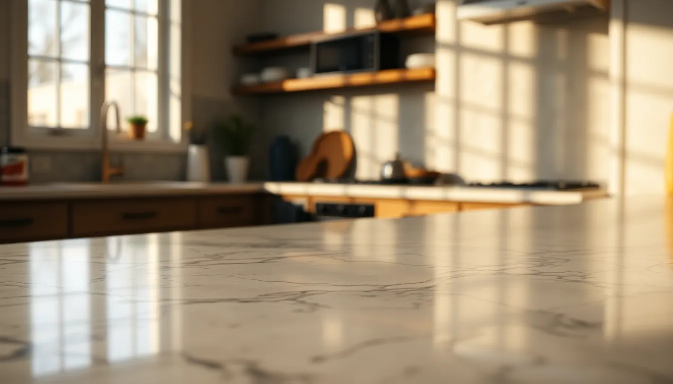 This image captures the stunning texture of a marble countertop featuring intricate veining. Natural daylight reflects softly off the polished surface, creating an inviting mood. The subtle earth tones highlight the countertop's organic beauty, while the blurred background draws attention to the marble's fine details. The composition is balanced and appealing, making it ideal for design and home decor-related projects.