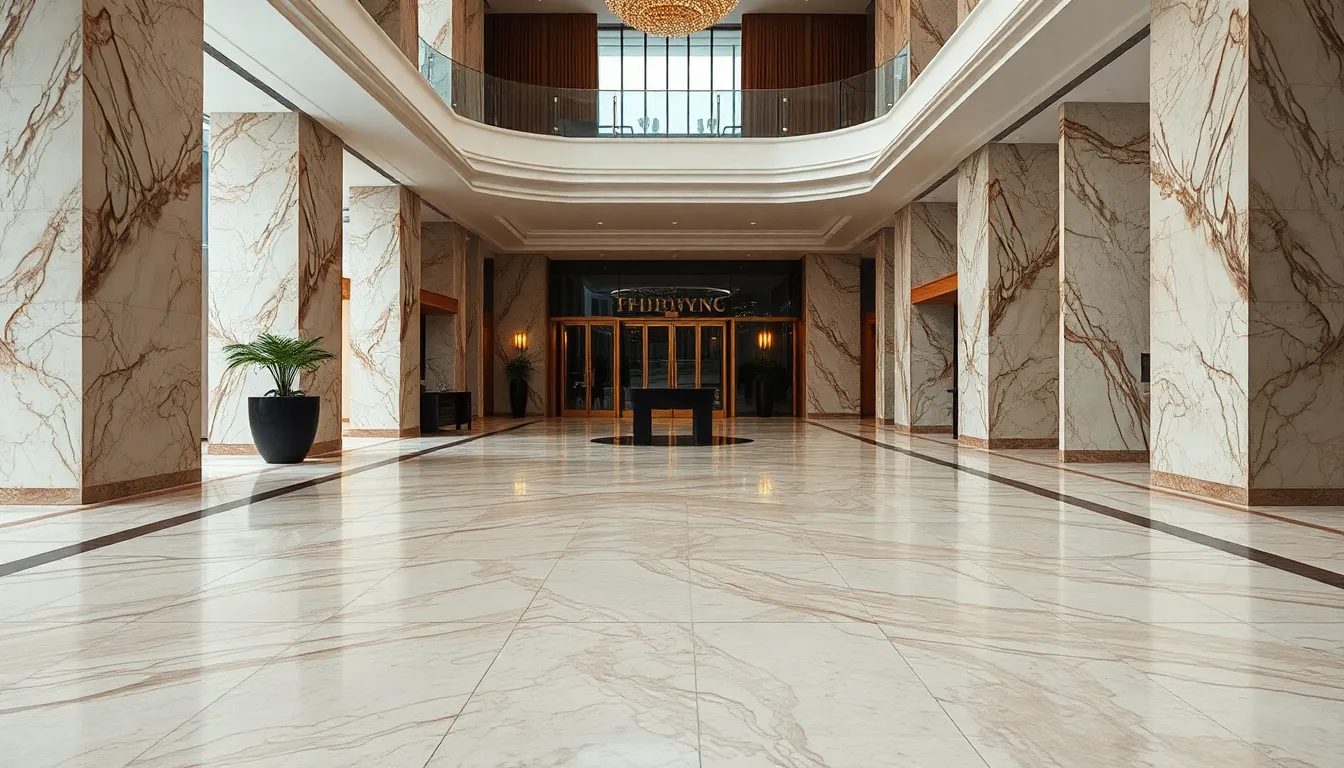 This image captures the elegance of marble flooring in a luxury hotel lobby, showcasing the soft textures and muted colors of the stone. The overcast lighting enhances the sheen on the surface, while the leading lines of the tiles create a sense of depth. This composition emphasizes luxury and tranquility, making it suitable for hospitality and interior design marketing.
