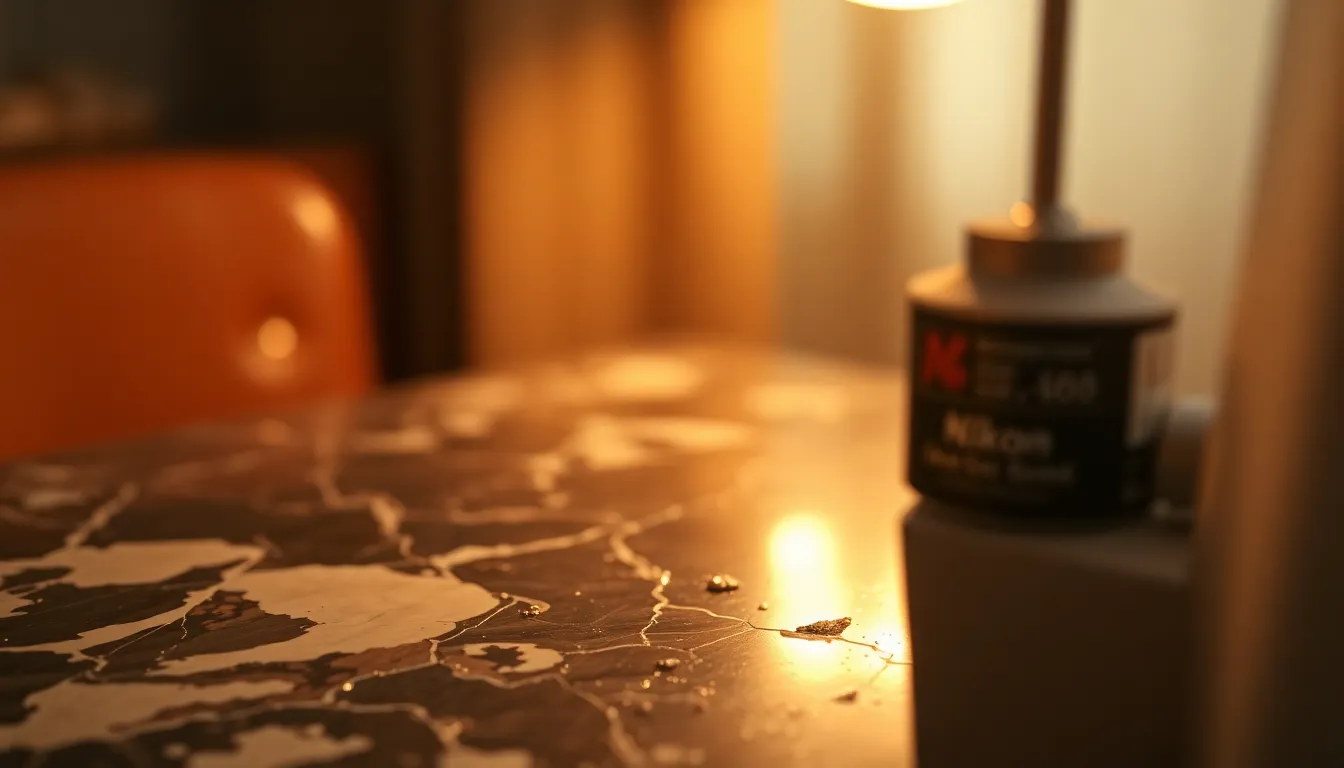 Close-Up of Textured Marble with Mineral Inclusions This close-up shot reveals the intricate textures and mineral inclusions found in a beautifully veined marble slab. The warm tungsten lighting creates a cozy and inviting atmosphere, while the shallow depth of field ensures that the focus remains on the rich details of the marble surface. This composition is ideal for showcasing natural materials in design and architecture contexts.