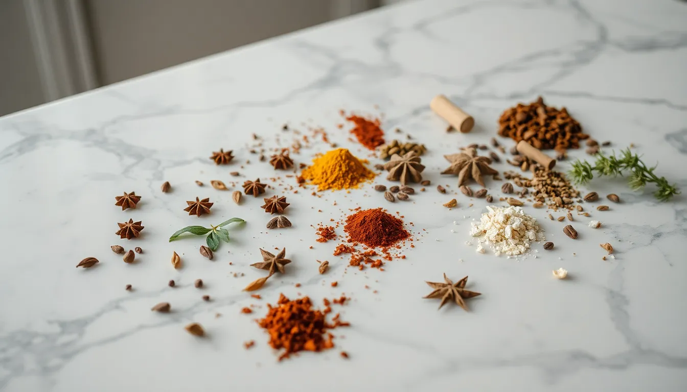This image captures a beautifully arranged marble countertop adorned with an array of spices and herbs, showcasing the exquisite texture of the marble surface. Soft studio lighting highlights the natural veining and creamy hues of the marble, creating a harmonious backdrop for the colorful spices. The balanced depth of field ensures that every detail is crisp, drawing the viewer's attention to the elegant arrangement. Ideal for culinary and interior design themes, this image celebrates the beauty of natural materials.