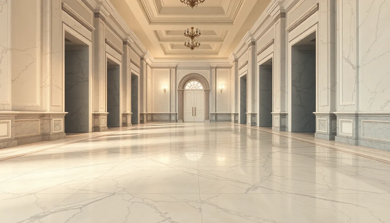 This image showcases a stunning marble floor in a beautifully designed grand hallway. Soft overhead lighting reflects off the polished surface, enhancing the elegance of the creamy white and gray tones. The leading lines of the tiles guide the viewer's eye toward a captivating doorway, creating a sense of depth. This image is perfect for showcasing architectural beauty and luxury design.