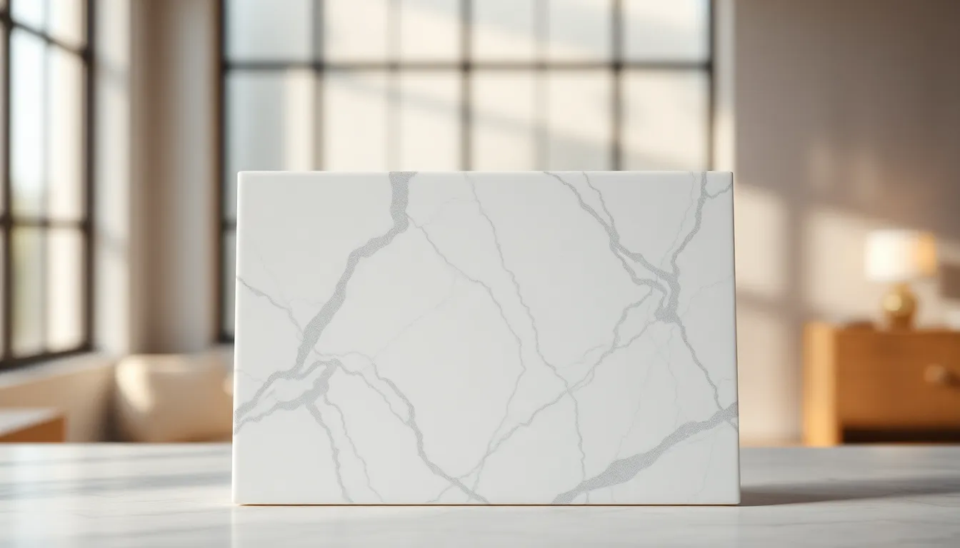 This stunning image captures a close-up view of a white marble slab, showcasing its intricate gray veining and smooth surface. Natural, diffused daylight enhances the warm tones of the marble, creating an inviting atmosphere. The composition draws attention to the marble's unique patterns, while the creamy bokeh in the background adds depth to the scene. Perfect for highlighting natural textures in design or architecture.