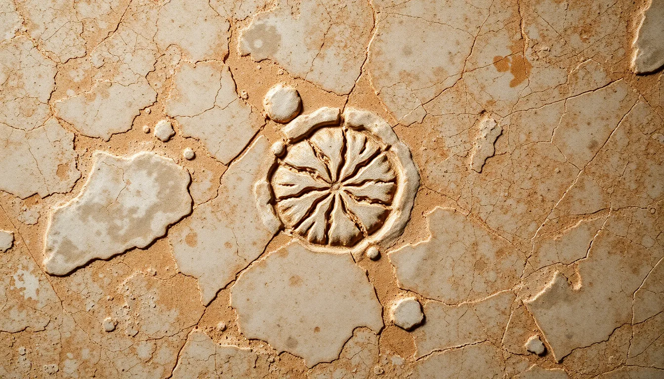 This close-up photograph highlights the intricate fossil patterns embedded in a textured marble surface. Rembrandt-style lighting creates soft shadows and highlights, drawing attention to the unique geological features. The natural muted tones and desaturated colors lend an organic feel to the image, making it ideal for showcasing the beauty of natural materials. A well-composed image that invites exploration of its detailed textures.