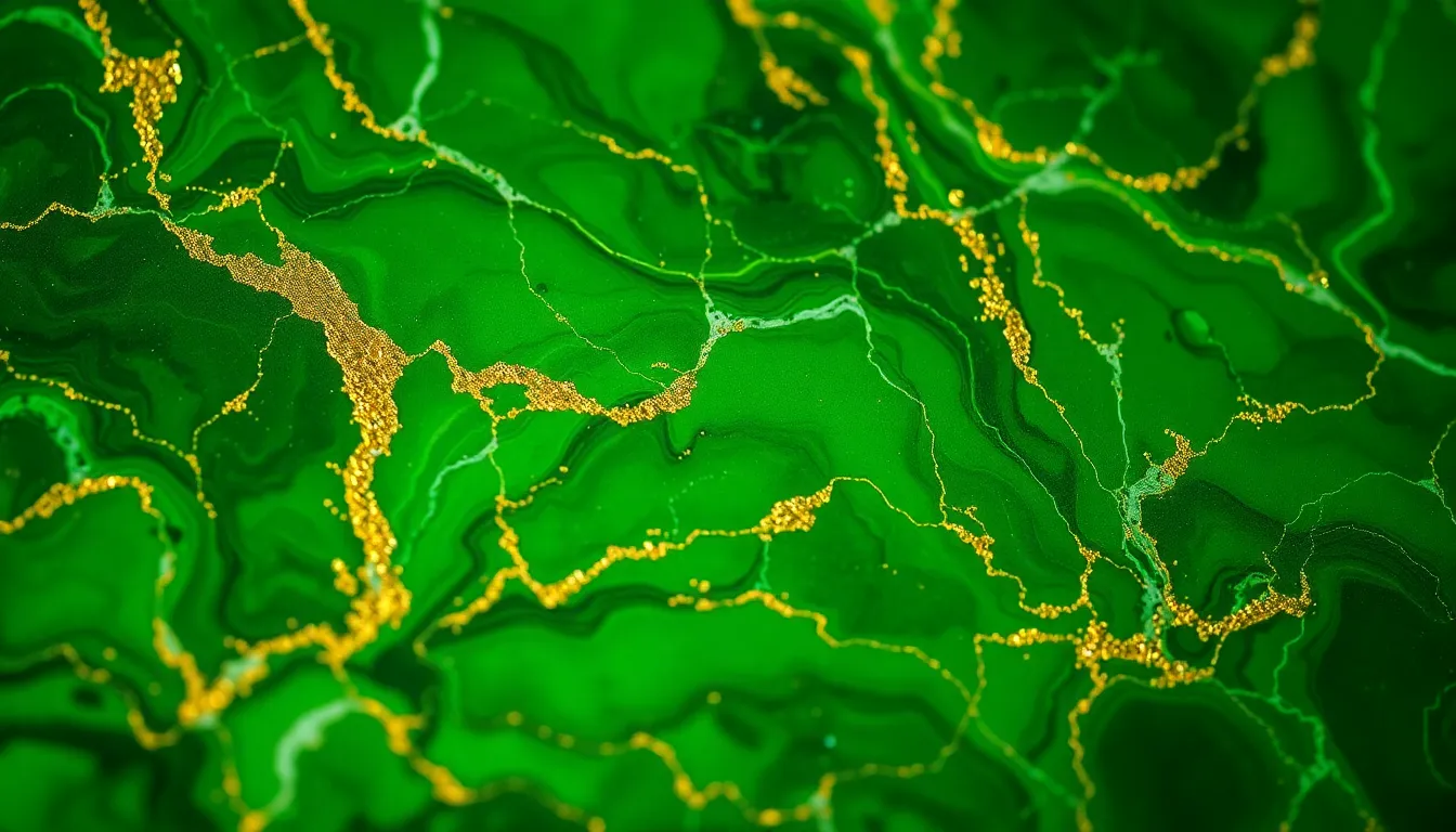 This photorealistic macro image showcases the mesmerizing beauty of vibrant green marble, characterized by its unique swirling patterns. Soft, diffused light highlights the intricate textures, while a shallow depth of field blurs the background, drawing the eye to the rich emerald and gold hues. The dynamic diagonal composition invites exploration of the marble's organic beauty, making it an excellent choice for texture enthusiasts and design professionals alike.