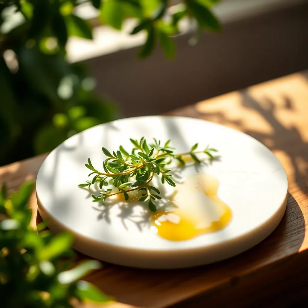 White Marble with Fresh Herbs and Olive Oil This inviting image features a white marble slab adorned with fresh herbs and a drizzle of olive oil, beautifully lit by dappled sunlight. The creamy texture of the marble contrasts elegantly with the vibrant greens of the herbs, creating a fresh and culinary atmosphere. The soft background enhances the focus on the marble and ingredients, making it perfect for food blogs or culinary websites. The composition is artfully arranged, adding to the overall appeal.