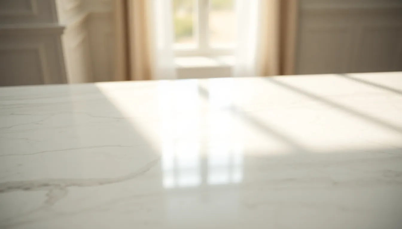 Elegant White Marble Surface Texture This image captures the exquisite texture of a polished white marble slab, illustrating its intricate veining and smooth surface. Soft diffused daylight accentuates the elegant tones of whites and grays, creating a serene atmosphere. The composition focuses directly on the marble, inviting the viewer to appreciate its natural beauty and craftsmanship. Perfect for showcasing luxury and sophistication in design contexts.