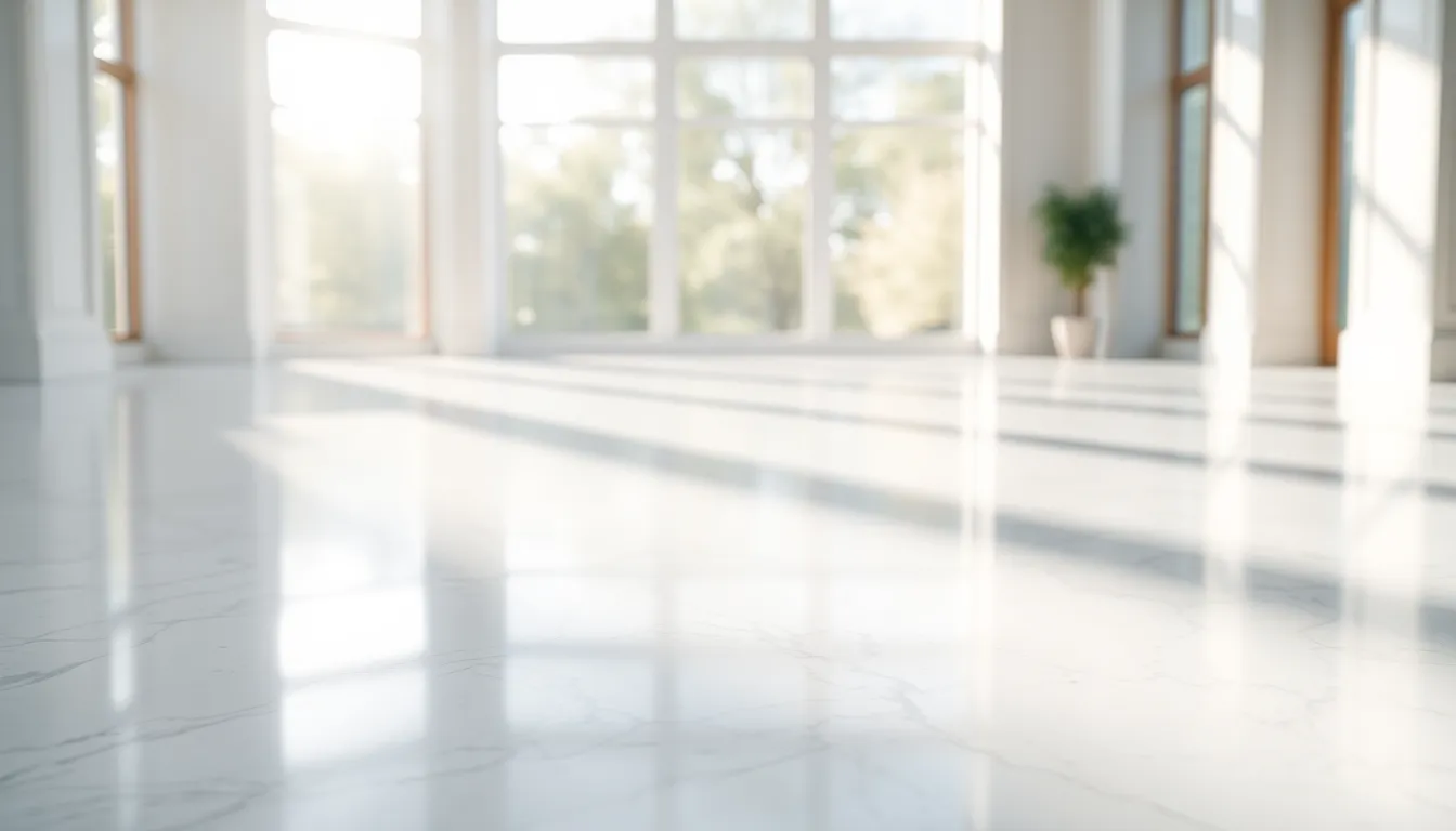 Polished White Marble Floor Reflection This image showcases a polished white marble floor, beautifully lit by natural light pouring in from large windows. The intricate veining of the marble is highlighted against a softly blurred background, creating a tranquil and elegant ambiance. The texture of the marble is vividly detailed, with a color palette that merges whites and greys, enhancing the floor's luxurious feel. Perfect for architectural and interior design themes.