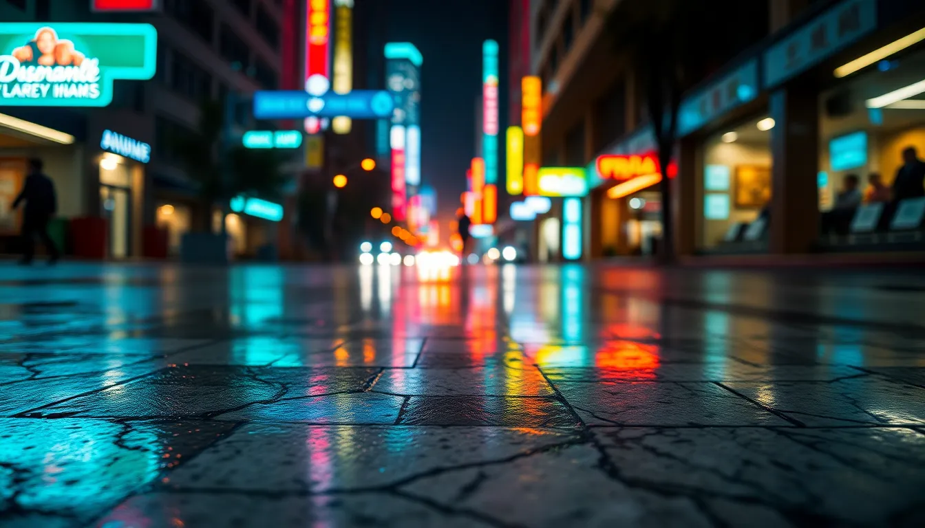 Neon Reflections on Wet Marble Pavement This dynamic image captures a rainy street scene where the marbled pavement reflects vibrant neon lights, infusing the atmosphere with color and energy. The cinematic teal and orange tones create a striking contrast, enhancing the mood of the urban environment. The shallow depth of field draws attention to the marble’s texture while the composition uses leading lines to guide the viewer's eye. Ideal for urban photography and modern design concepts, this image highlights the beauty of marble in everyday settings.