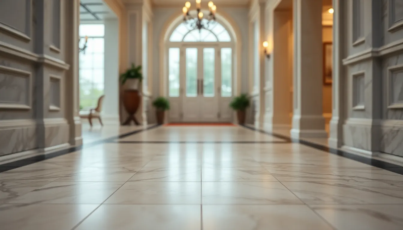This serene photograph showcases a marble tile floor in a beautifully lit entryway, emphasizing its unique patterns and textures. Soft, overcast daylight creates a calm atmosphere while subtle muted tones enhance the overall harmony. The shallow depth of field invites a focused view on the tile details, while the symmetrical composition adds a touch of elegance. Ideal for interior design inspiration and décor.