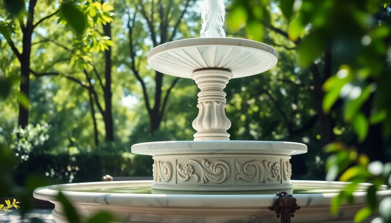 This beautiful image depicts a serene outdoor marble fountain nestled among vibrant greenery. Dappled sunlight dances across the smooth marble surface, highlighting the intricate carvings and textures. A shallow depth of field enhances the sense of tranquility, creating a soft bokeh effect in the background. The harmonious color palette of whites and greens evokes a peaceful atmosphere, making it an ideal photograph for nature lovers and outdoor enthusiasts.