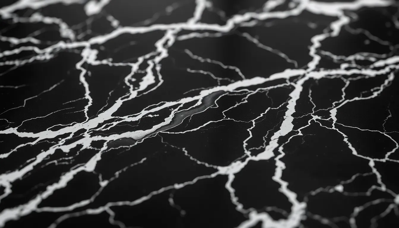 This striking close-up showcases the intricacies of a polished black marble surface, featuring bold white veining that tells a story of natural beauty. The interplay of shadows and highlights, created by careful studio lighting, adds depth and dimension to the image. A shallow depth of field draws focus to the detailed patterns, making it an ideal representation of luxury and sophistication. Perfect for textures and patterns collections, this image embodies refinement and elegance.