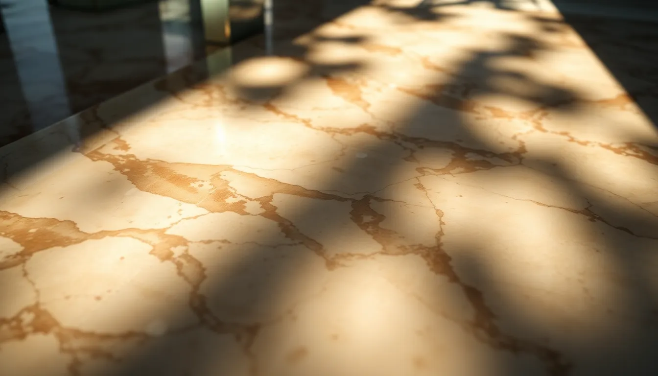 Dynamic Marbled Surface with Dappled Sunlight This captivating image presents a close-up view of a marble surface, revealed under dappled sunlight. The interplay of light and shadow highlights the stone's natural patterns and textures, creating a dynamic visual experience. The deep contrasts in the color palette evoke a sense of richness and depth, making this image ideal for artistic and design applications. A tilted angle enhances the drama of the scene, inviting closer inspection.