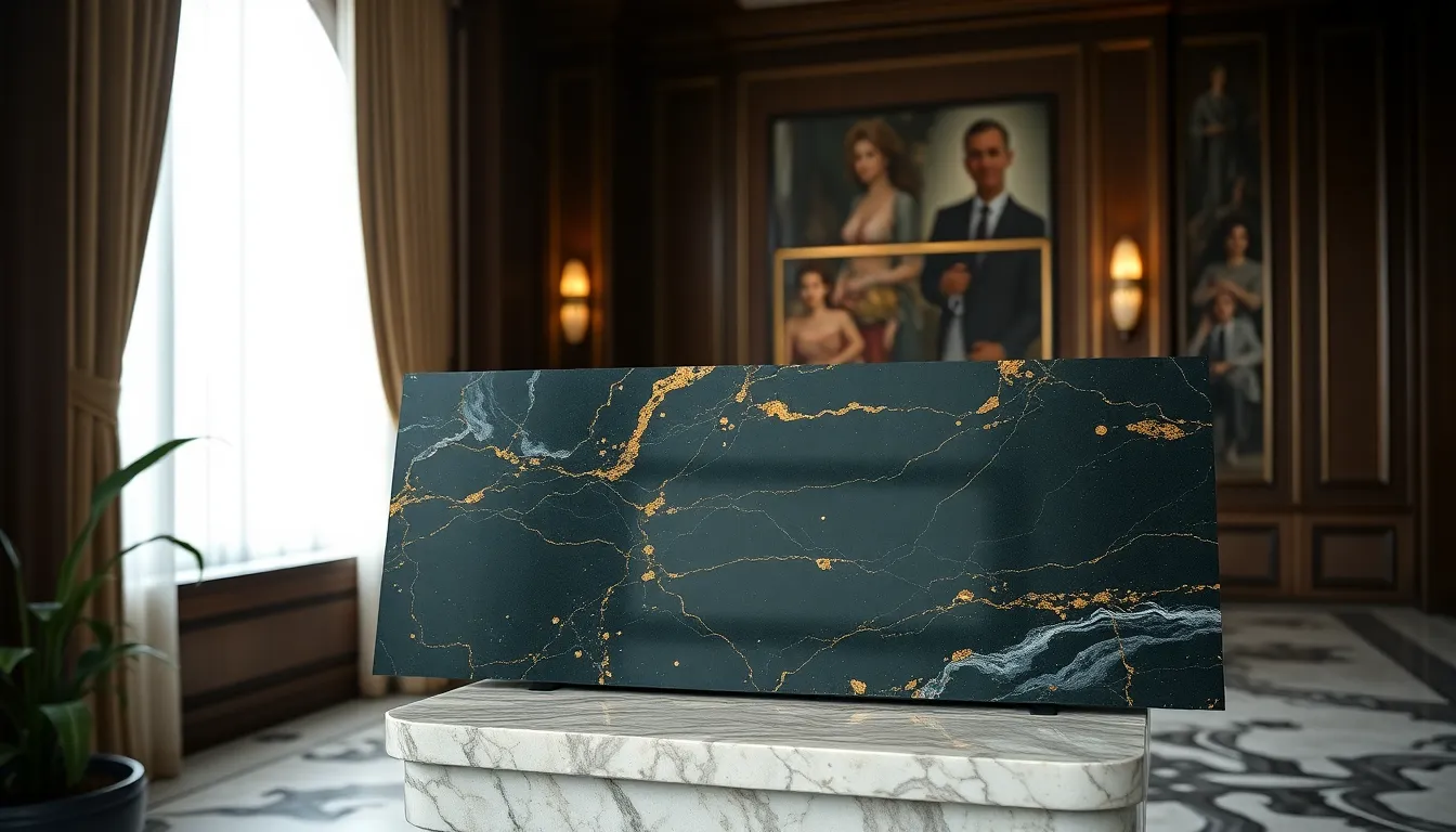 Luxurious Dark Marble Slab with Gold Flecks A striking dark marble slab adorned with vibrant gold flecks is elegantly positioned on a pedestal in an upscale interior setting. The overcast lighting ensures even illumination, allowing the rich colors of the marble to shine without harsh shadows. Leading lines guide the viewer's gaze, enhancing the luxurious feel of the composition. This image is perfect for high-end real estate, design magazines, and luxury branding.